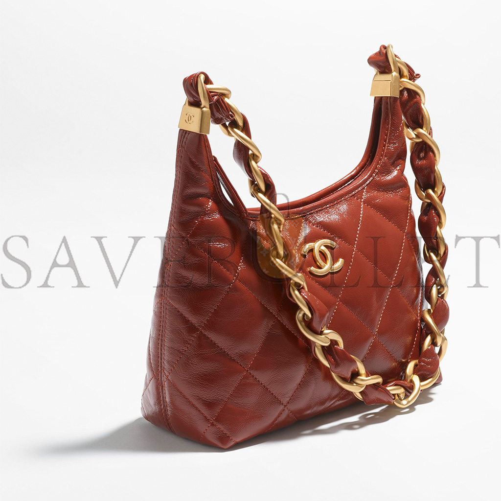 Ch*el master small hobo bag shiny lambskin and golden metallic brown as4922 (22.5*19.5*8.5cm)